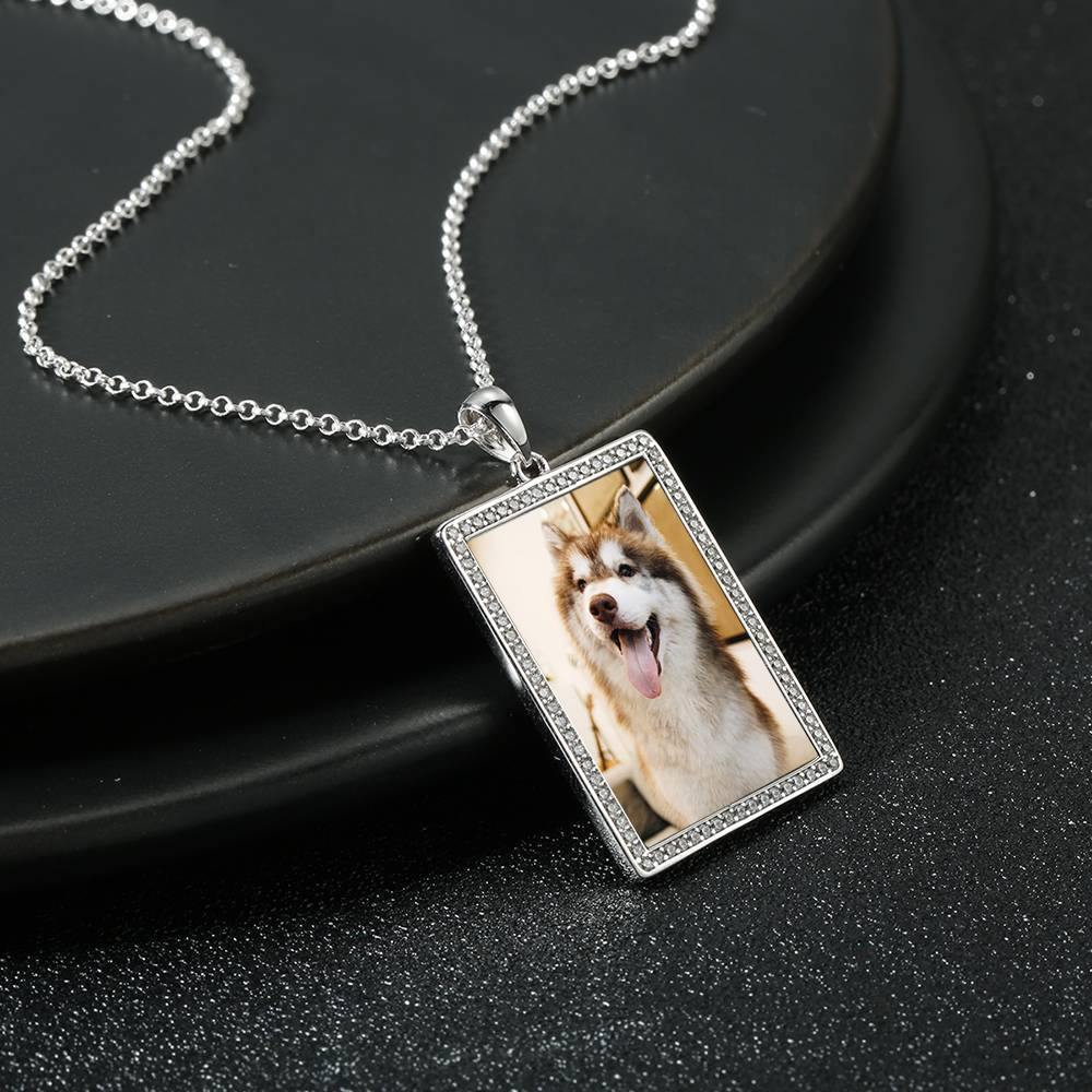 Photo Engraved Necklace Rhinestone Crystal, Photo Necklace Keepsake Gift Platinum Plated Silver - Colorful - soufeelus