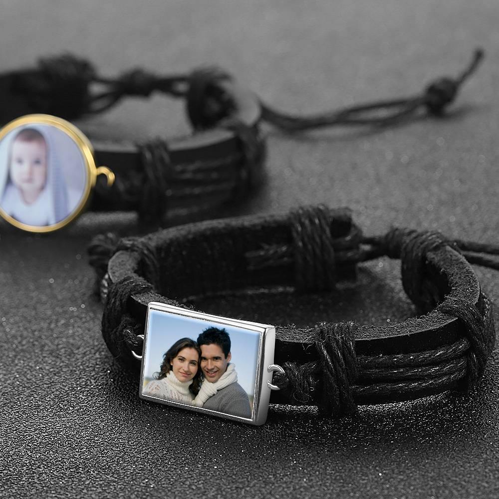 Photo Bracelet, Keepsake Gift Black Leather Square-shaped Platinum Plated Silver - Colorful - soufeelus