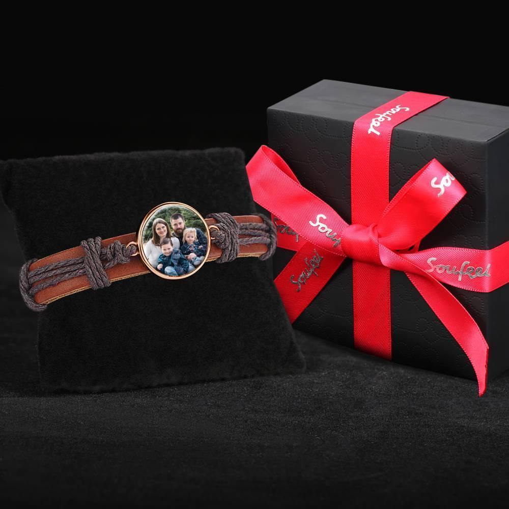 Photo Bracelet, Keepsake Gift Brown Leather Square-shaped Rose Gold Plated - Colorful - soufeelus