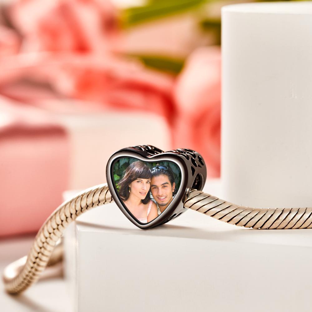 Custom Photo Charm Heart Bead Black Plated Charm Gift for Lover - 