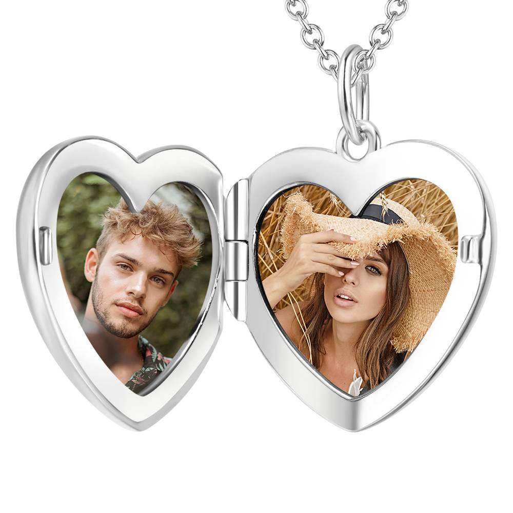 Photo Engraved Necklace Heart Locket Necklace, Two Photos Platinum Plated - 