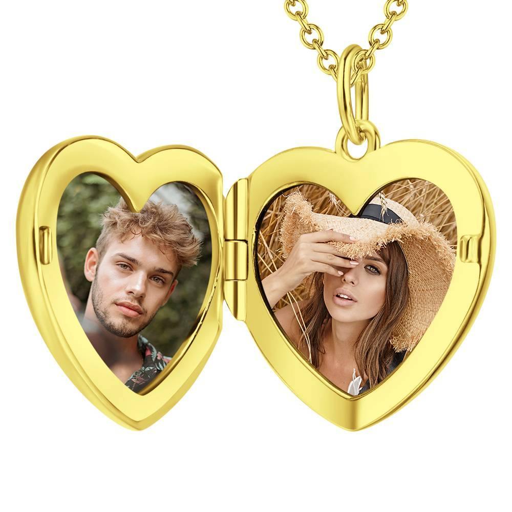 Photo Engraved Necklace Heart Locket Necklace Two Photos 14K Gold Plated - 