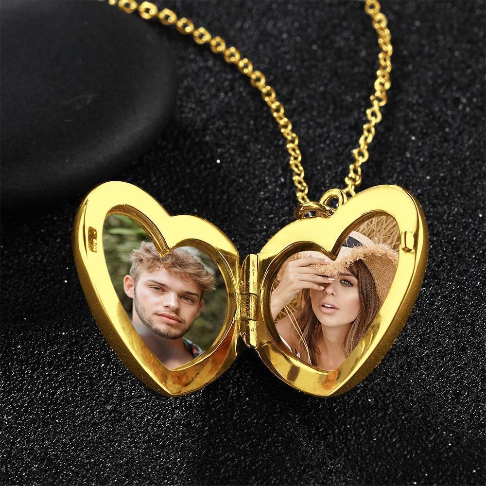 Photo Engraved Necklace Heart Locket Necklace Two Photos 14K Gold Plated - 