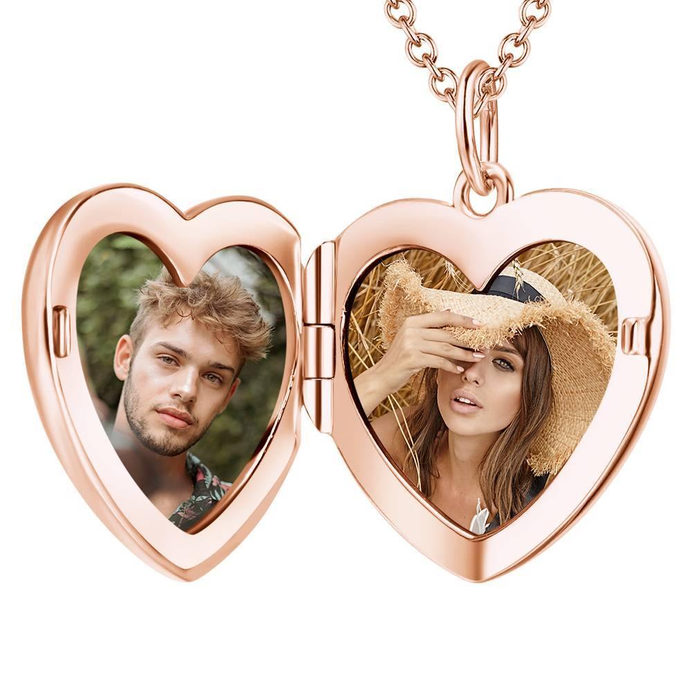 Photo Engraved Necklace Heart Locket Necklace Two Photos Perfect Gift Rose Gold Plated - 