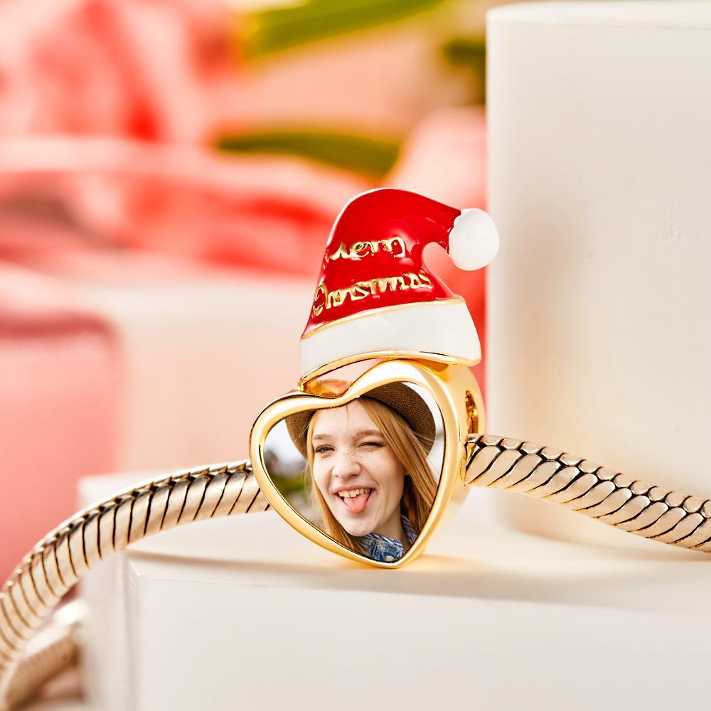 Custom Photo Charm Christmas Hat with Heart-shaped Charm Gift for Her -