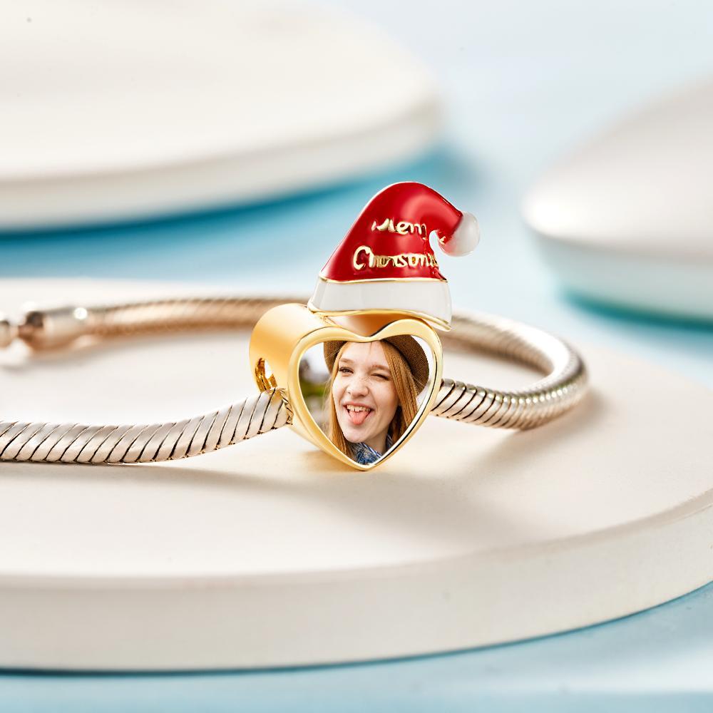 Custom Photo Charm Christmas Hat with Heart-shaped Charm Gift for Her -