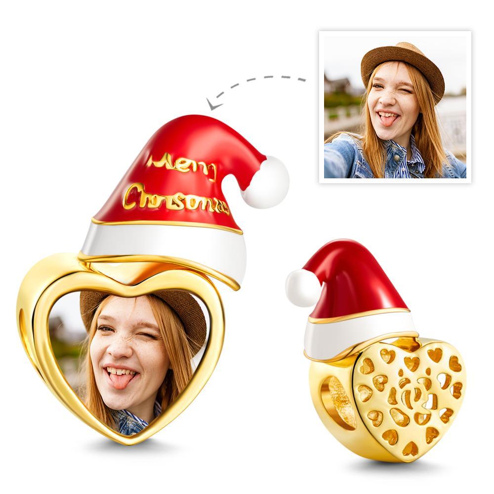 Custom Photo Charm Christmas Hat with Heart-shaped Charm Gift for Her -