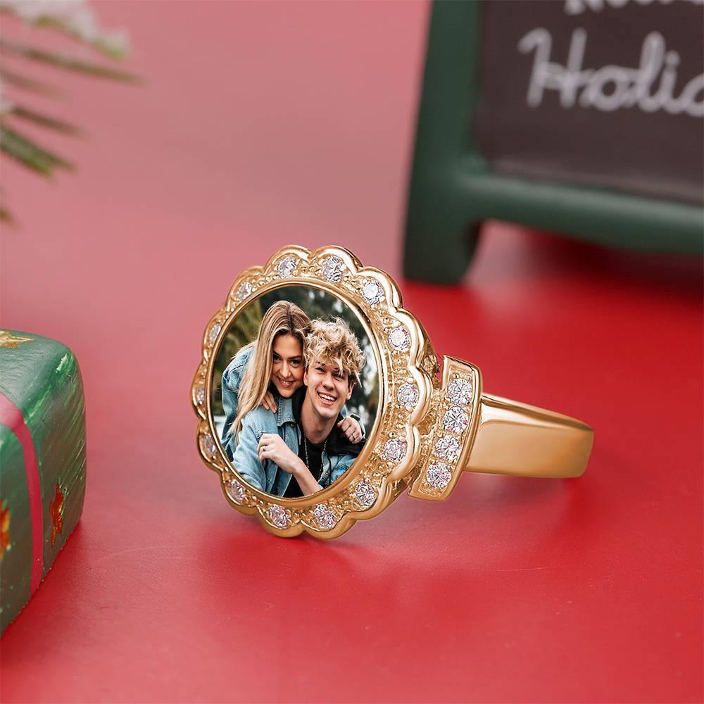 Photo Ring Round Photo with Zircon Mother's Gift 14K Gold Plated