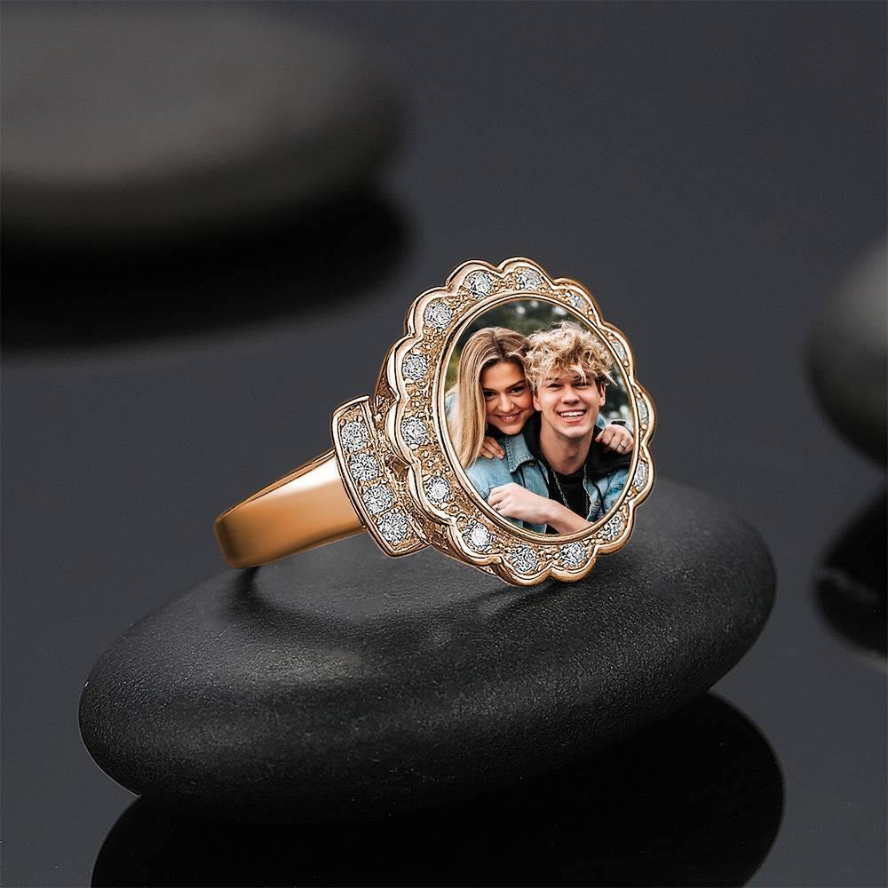 Photo Ring Round Photo with Zircon Mother's Gift 14K Gold Plated