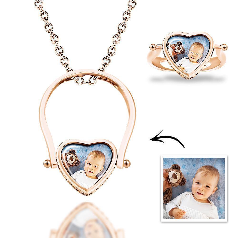 Photo Necklace, Photo Ring Gifts Dual-use (Ring Size 7#) 14k Gold Plated - soufeelus