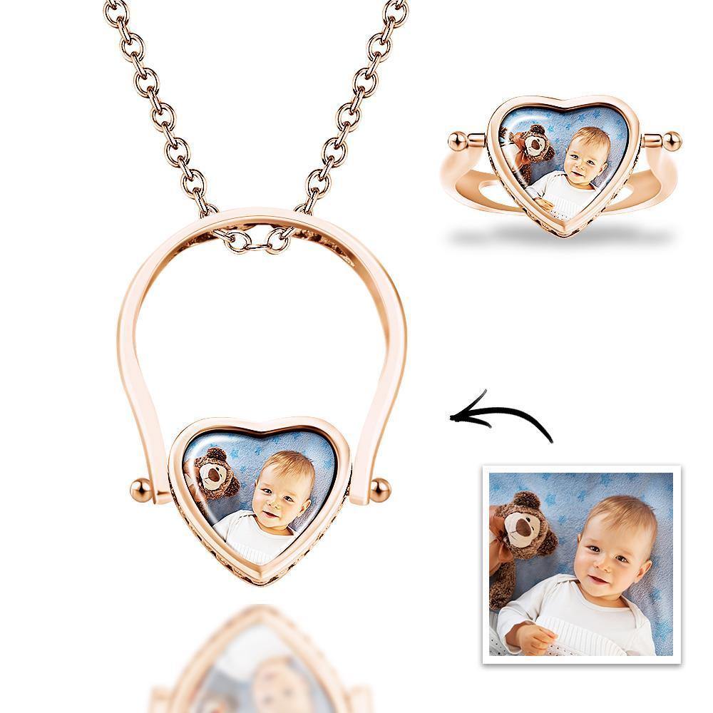 Photo Necklace, Photo Ring Gifts Dual-use (Ring Size 7#) Rose Gold Plated - soufeelus
