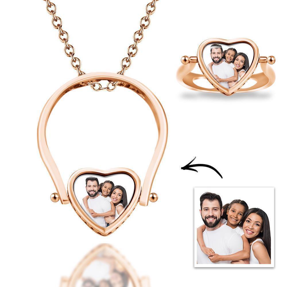 Photo Necklace, Photo Ring Couple's Gifts Dual-use (Ring Size 8#) Rose Gold Plated - soufeelus