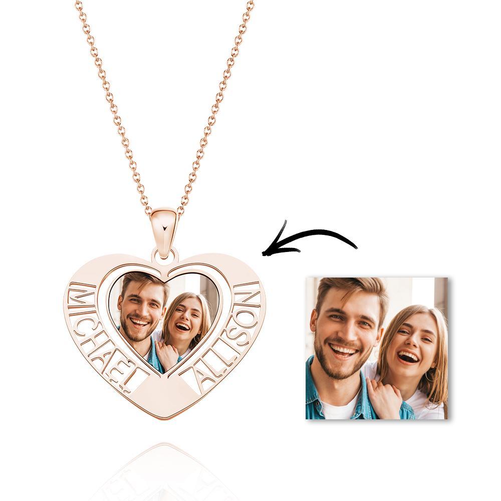 Custom Photo Engraved Necklaces Heart Photo Pendant with Two Hollow Lettering