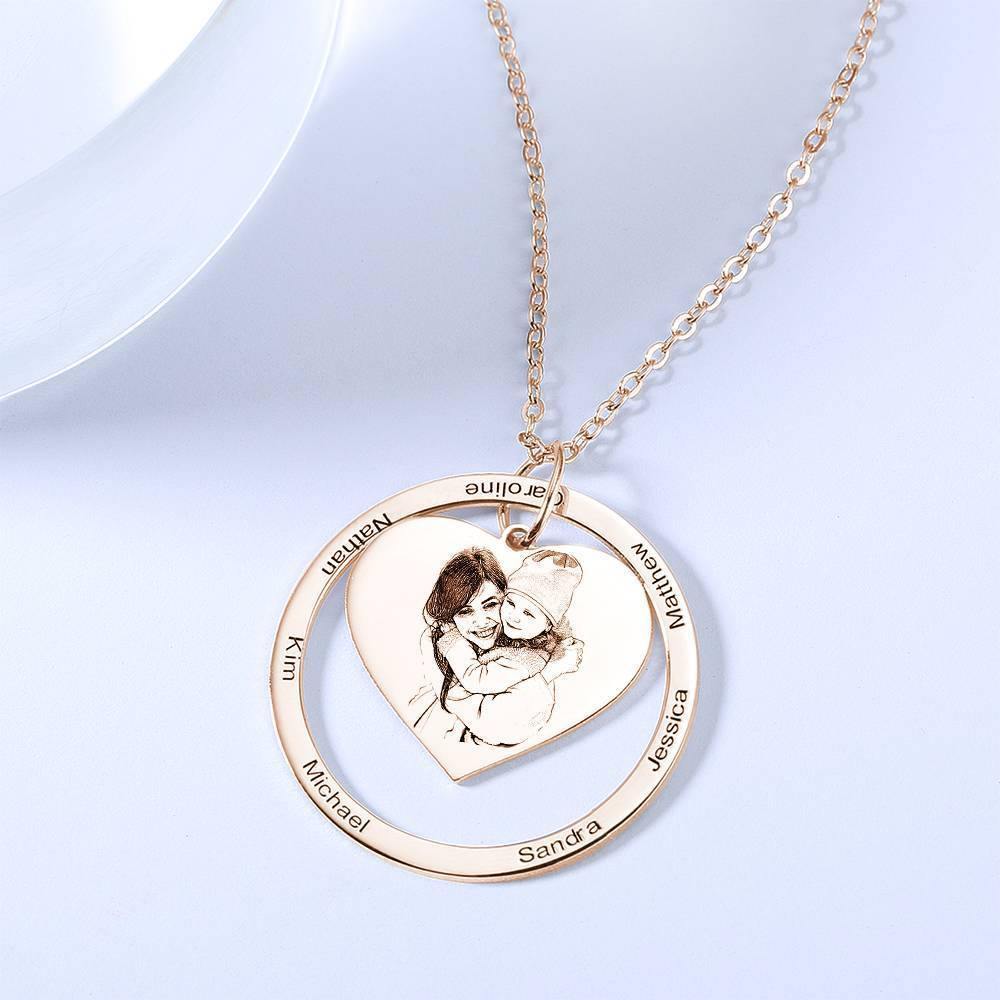 Photo Engraved Necklace Heart In Round Pendant, Family Necklace Rose Gold Plated - Rose Gold - soufeelus