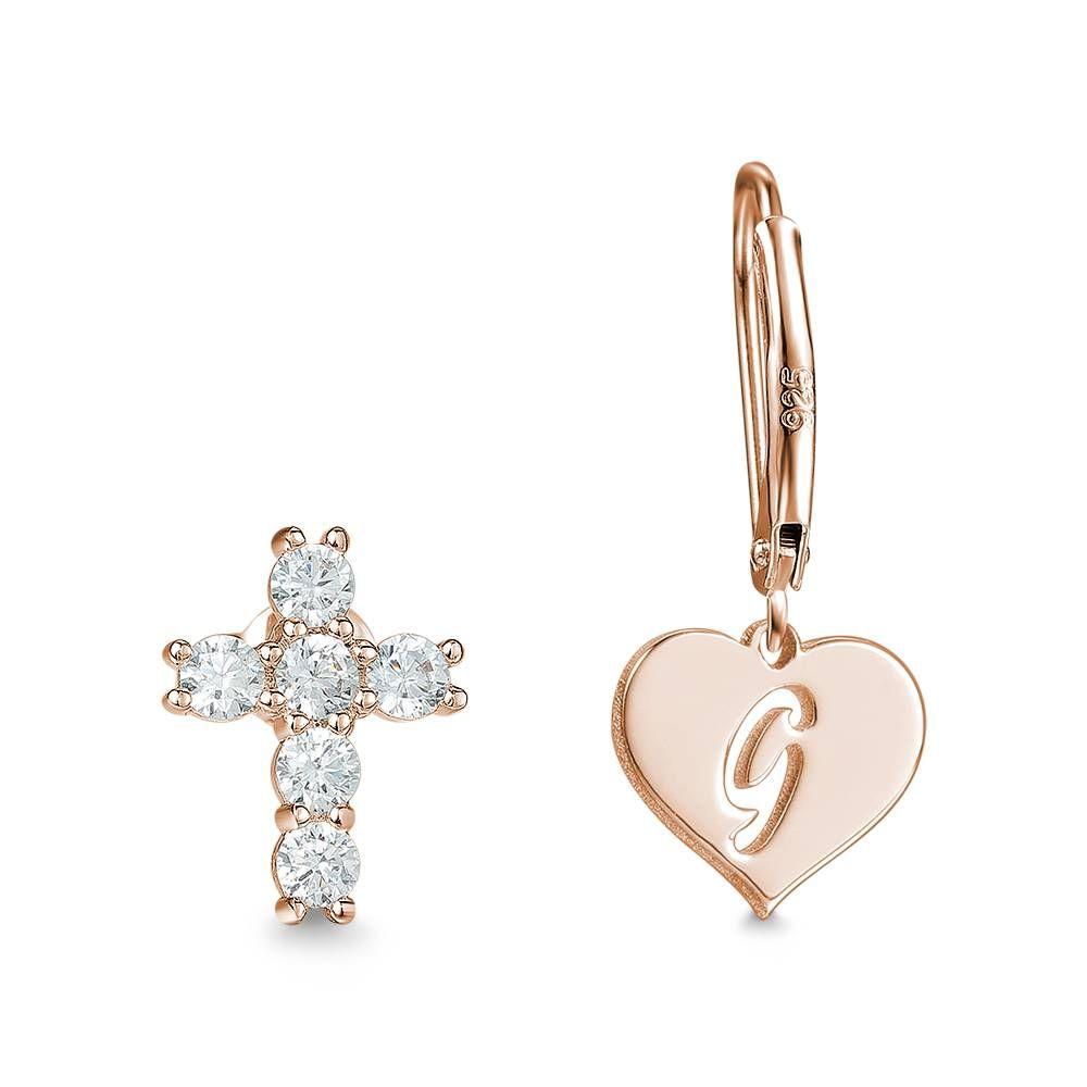 Initial Drop Earrings, Asymmetry Earrings Hollow Letter with Cross Rose Gold Plated - 