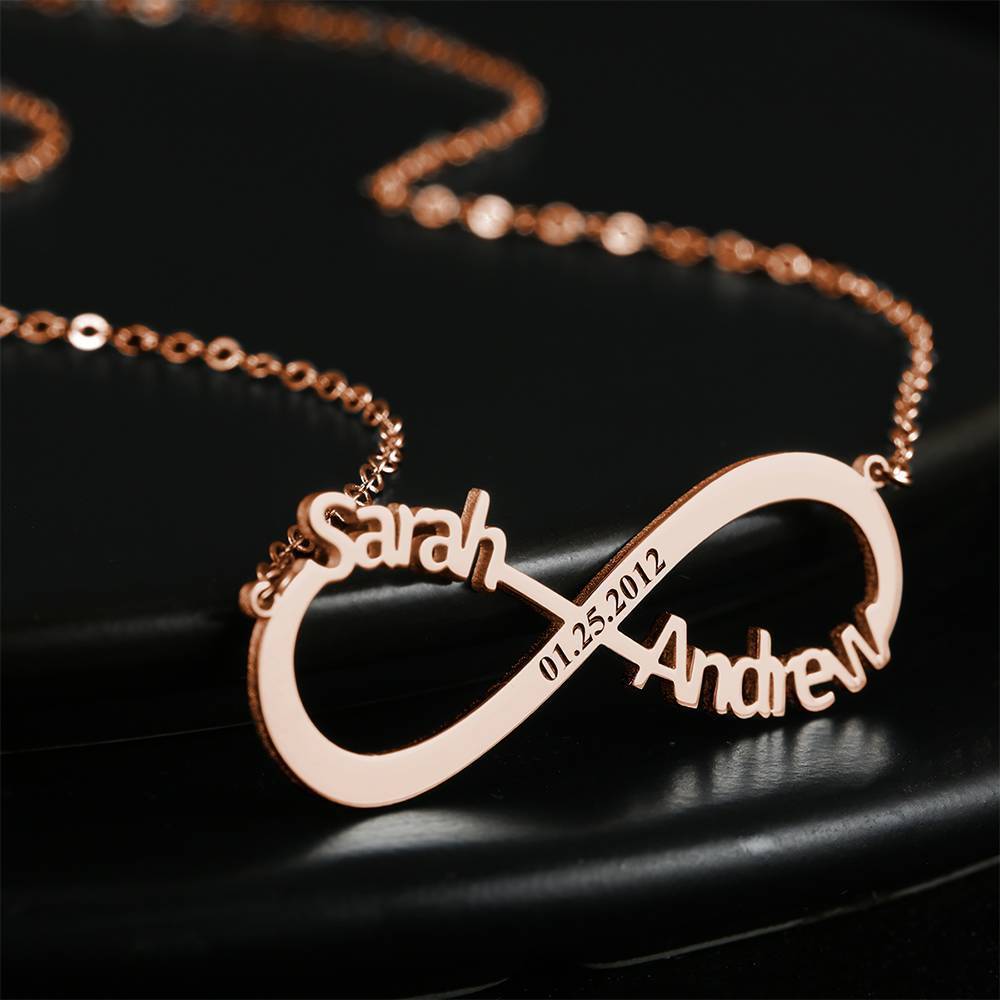 Engraved Infinity Name Necklace Personalized Infinity Two Name Necklace Rose Gold Plated - 