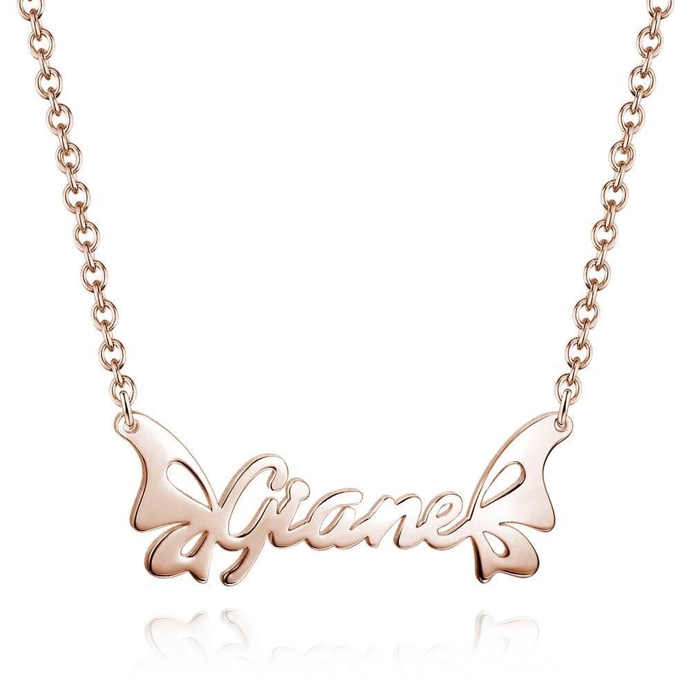 Personalized Name Necklace, Butterfly Necklace - Rose Gold - 