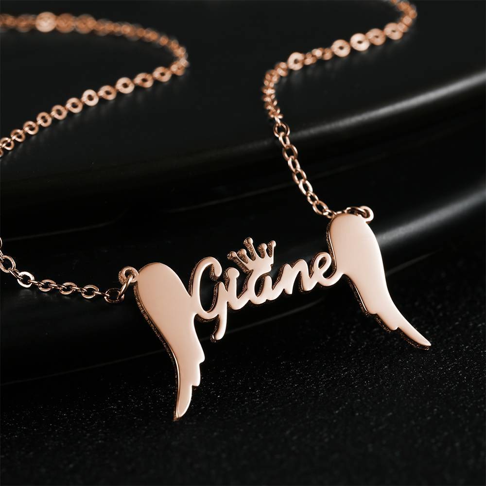 Name Necklace, Crown Name Necklace with Angel Wings Rose Gold Plated - 