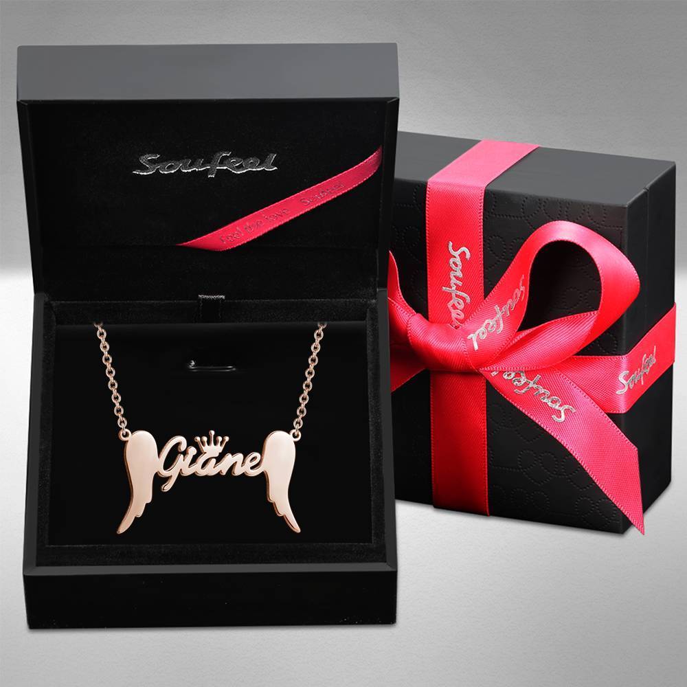 Name Necklace, Crown Name Necklace with Angel Wings Rose Gold Plated - 