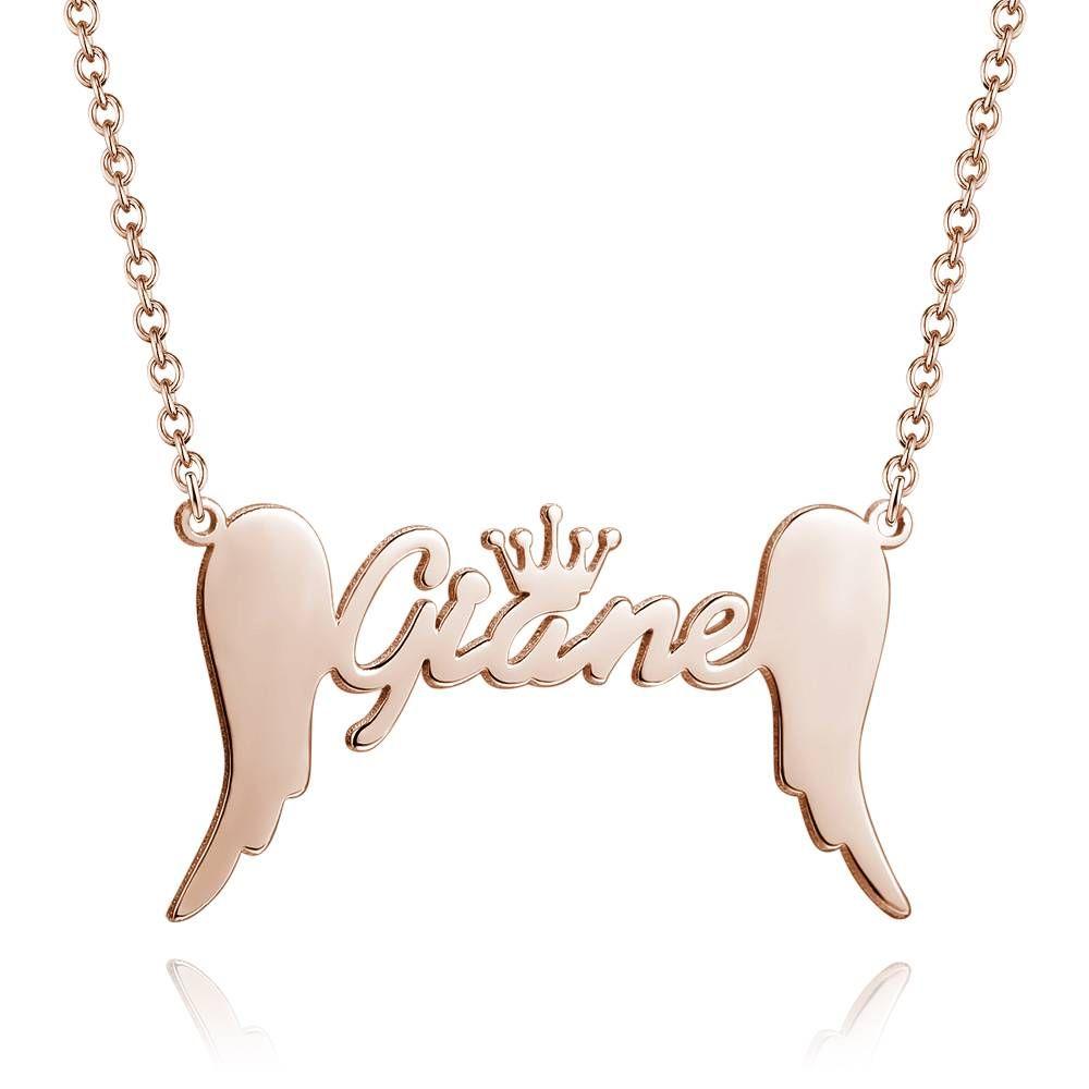 Name Necklace, Crown Name Necklace with Angel Wings Rose Gold Plated - 