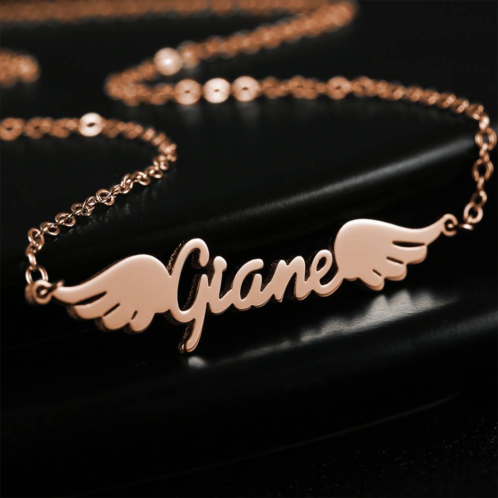 Name Necklace, Personalized Angel Wings Necklace Rose Gold Plated - 