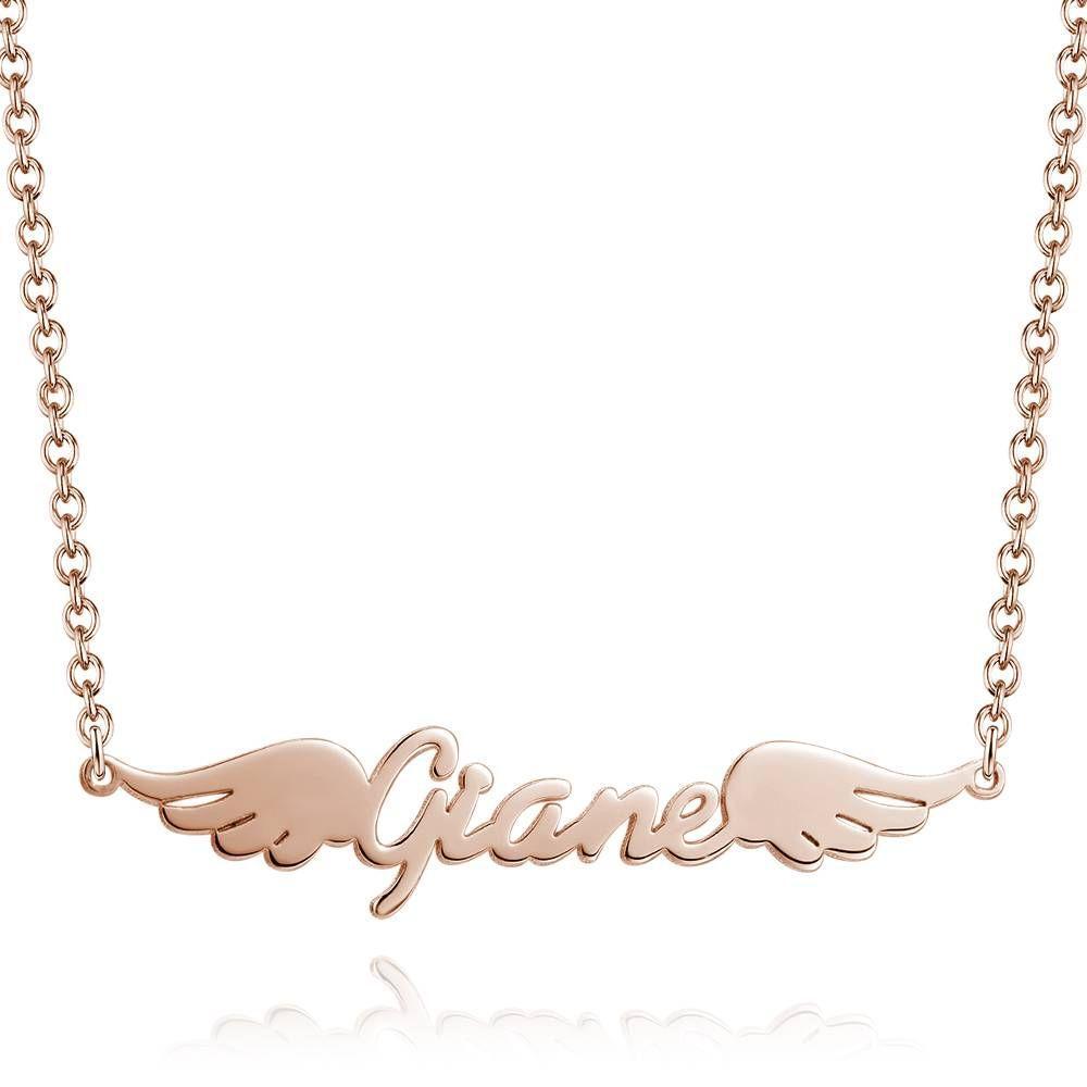 Name Necklace, Personalized Angel Wings Necklace Platinum Plated - Silver - 