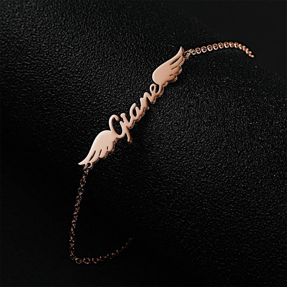 Name Bracelet, Personalized Angel Wings Bracelet Rose Gold Plated - 