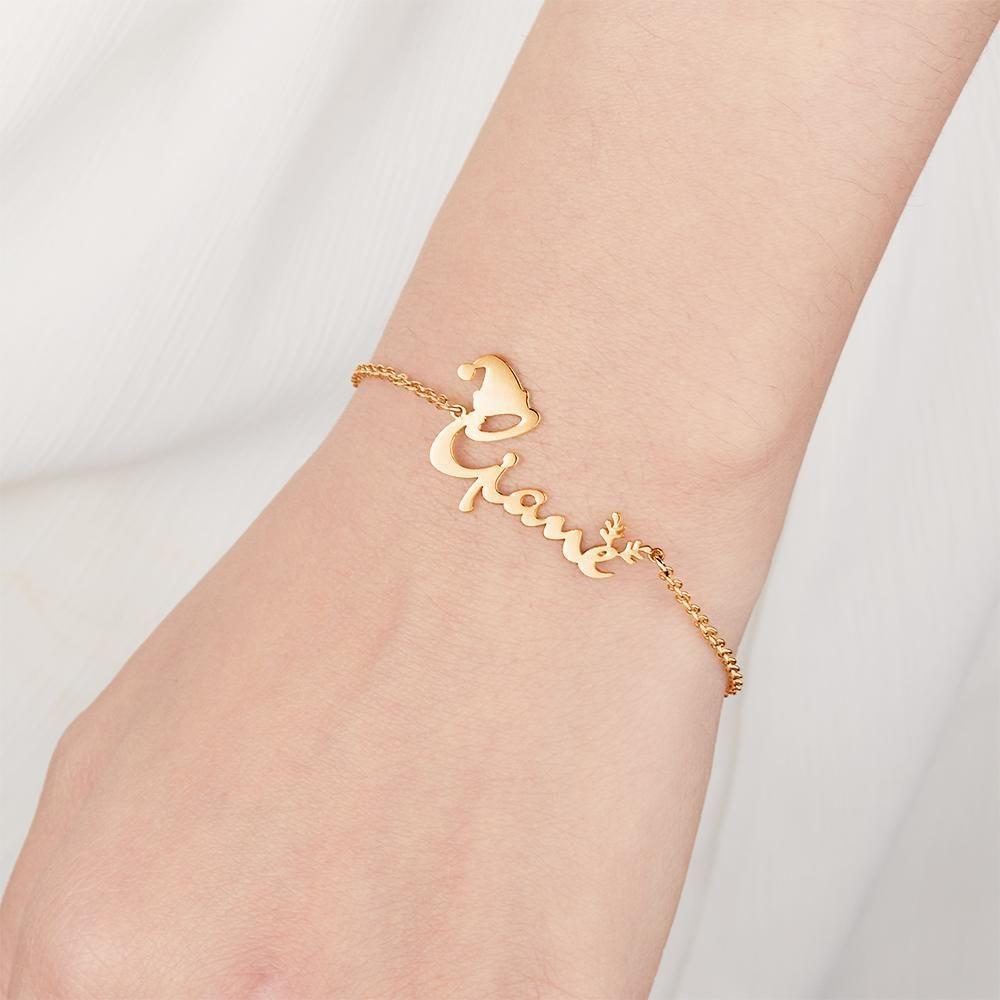 Name Bracelet with Christmas Hat and Antlers for Christmas Gifts Perfect Gift for Her Rose Gold Plated Silver - 