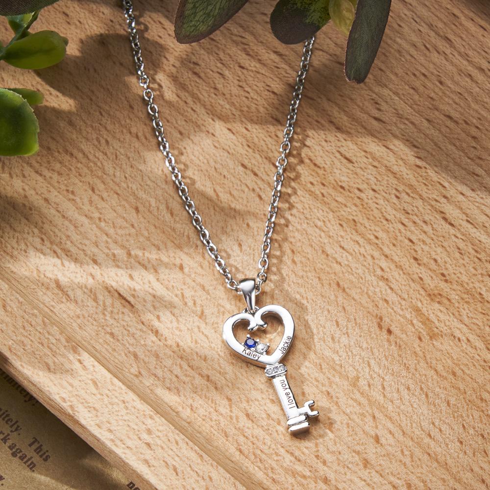 Personalized Key Diamonds Necklace With Text Love Heart Pendant Gift For Her - soufeelmy