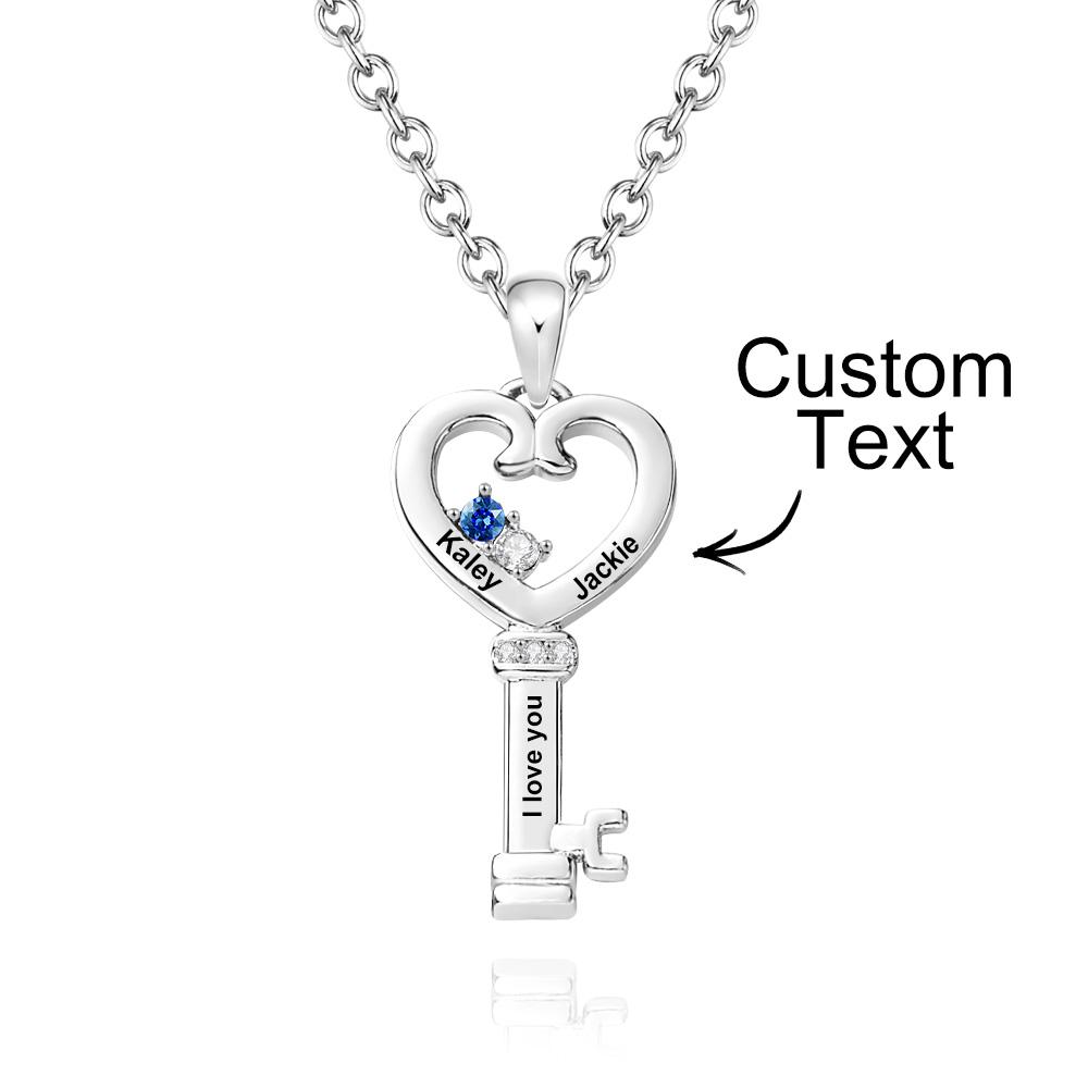 Personalized Key Diamonds Necklace With Text Love Heart Pendant Gift For Her - soufeelmy