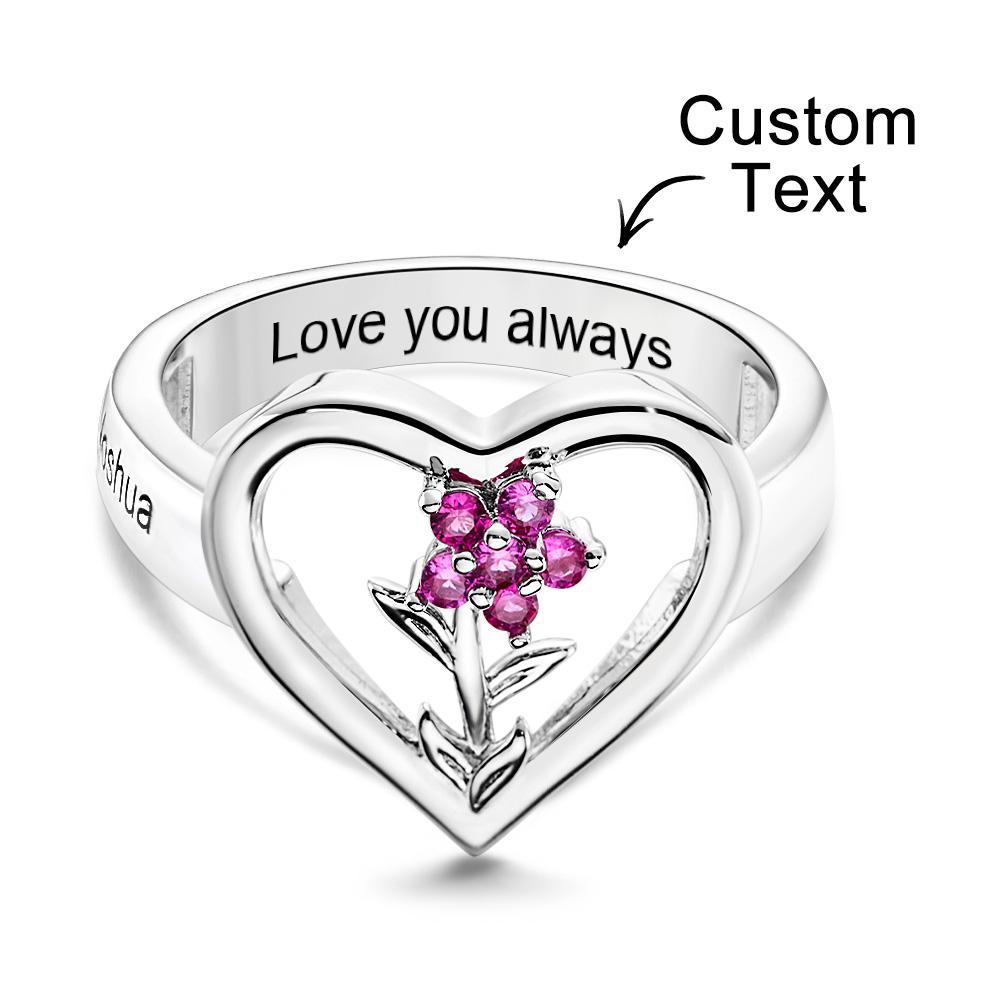 Custom Birthstone Engraved Rings Creative Flowers Silver Gifts - soufeelmy