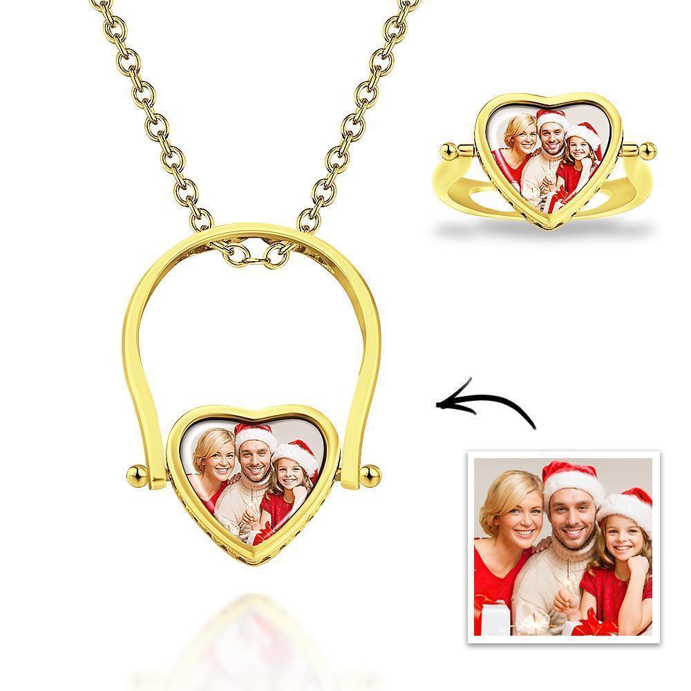 Photo Necklace, Photo Ring Heart-shaped Couple's Gifts Dual-use (Ring Size 5#) Silver - soufeelus