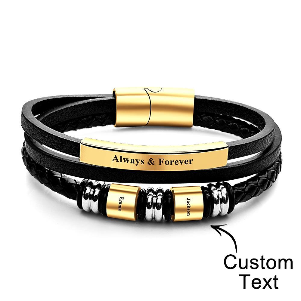 Personalized Mens Braid Leather Bracelets with 2 Engraved Names Beads Custom Mens Name Bracelet - soufeelmy
