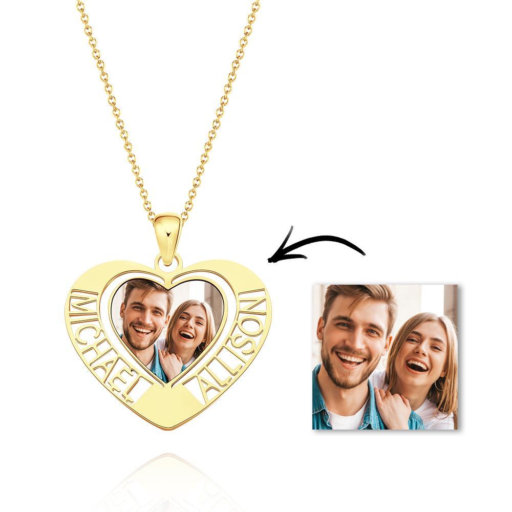 Custom Photo Engraved Necklaces Heart Photo Pendant with Two Hollow Lettering