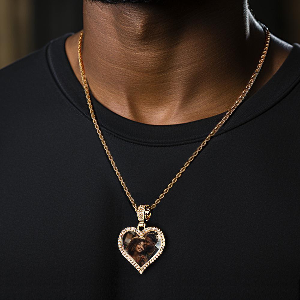 Custom Made Photo Heart Necklace with Hip Hop Pendant Round Necklace Iced out Cubic Zirconia Jewelry Gift for Him or Her - soufeelmy