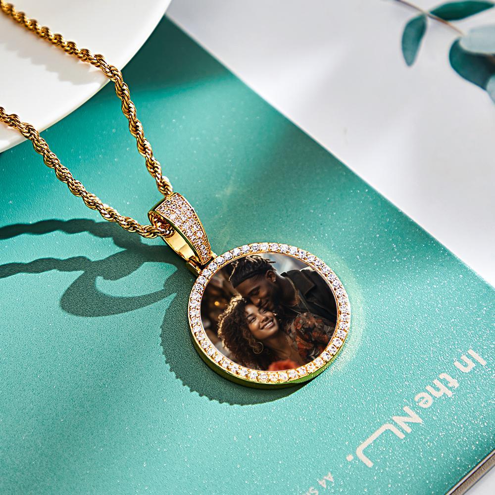 Custom Made Photo Circle Necklace and Pendant Large Hip Hop Round Pendant Iced out Cubic Zirconia Jewelry Gift for Him - soufeelmy