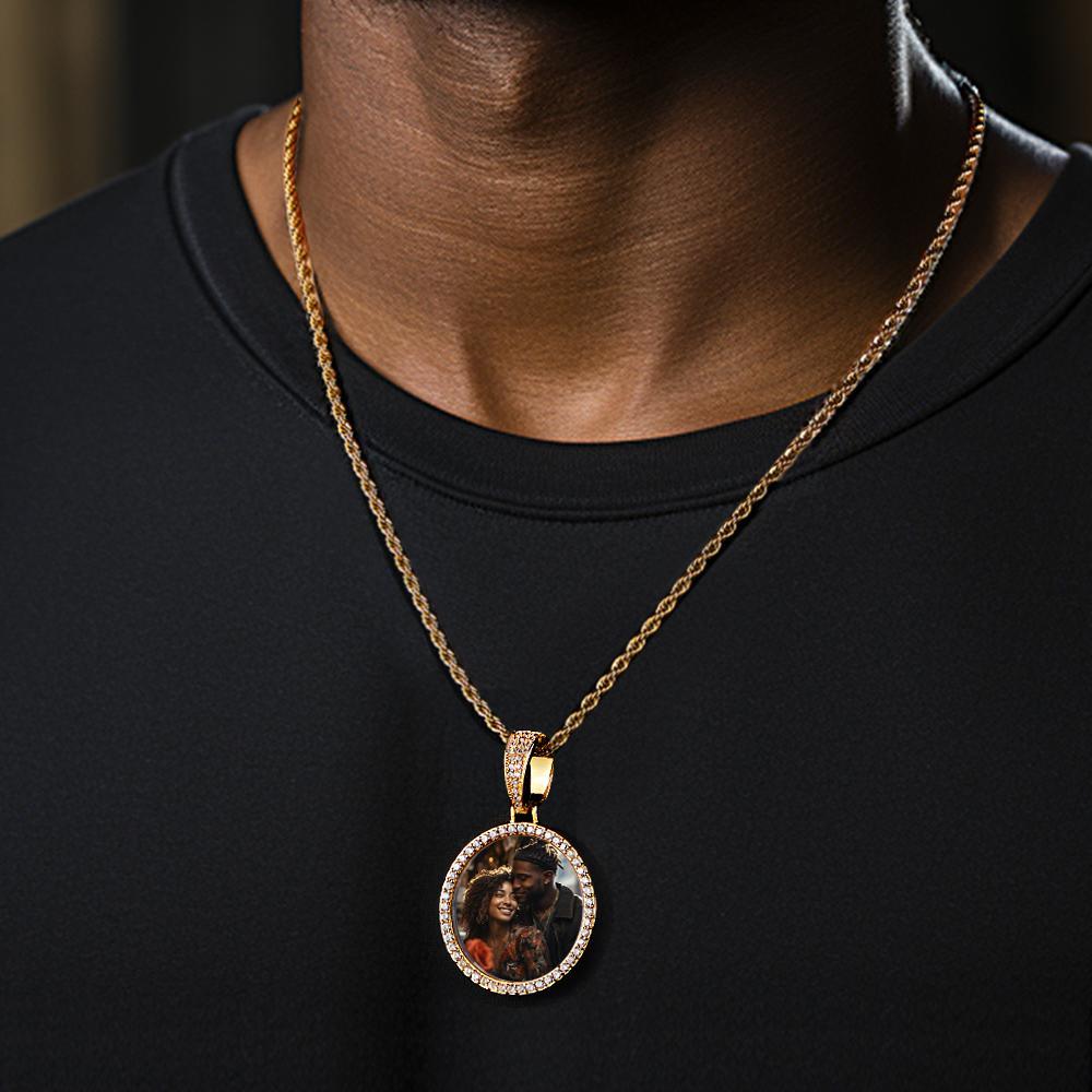 Custom Made Photo Circle Necklace and Pendant Large Hip Hop Round Pendant Iced out Cubic Zirconia Jewelry Gift for Him - soufeelmy