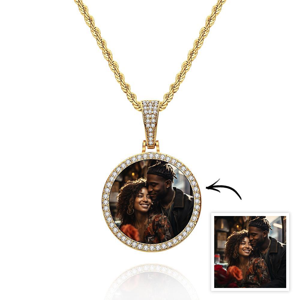 Custom Made Photo Circle Necklace and Pendant Large Hip Hop Round Pendant Iced out Cubic Zirconia Jewelry Gift for Him - soufeelmy