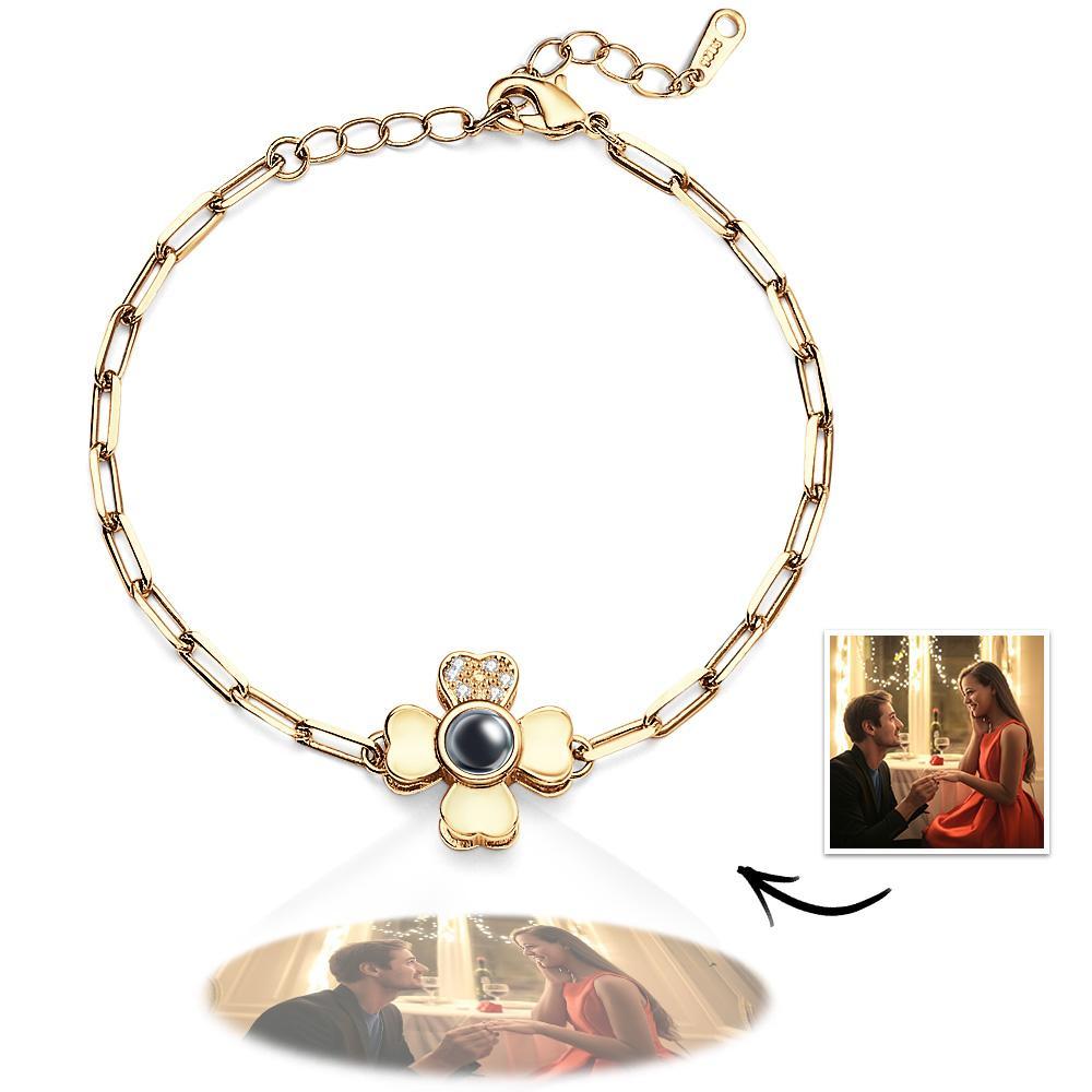 Custom Photo Projection Clover Rhinestone Bracelet Personalized Polished Adjustable Bracelet Gifts For Her - soufeelmy