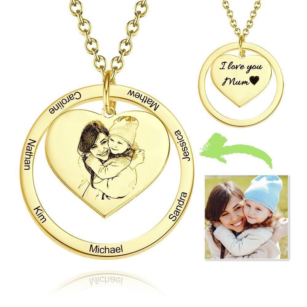 Photo Engraved Necklace Heart In Round Pendant, Family Necklace Rose Gold Plated - Rose Gold - soufeelus