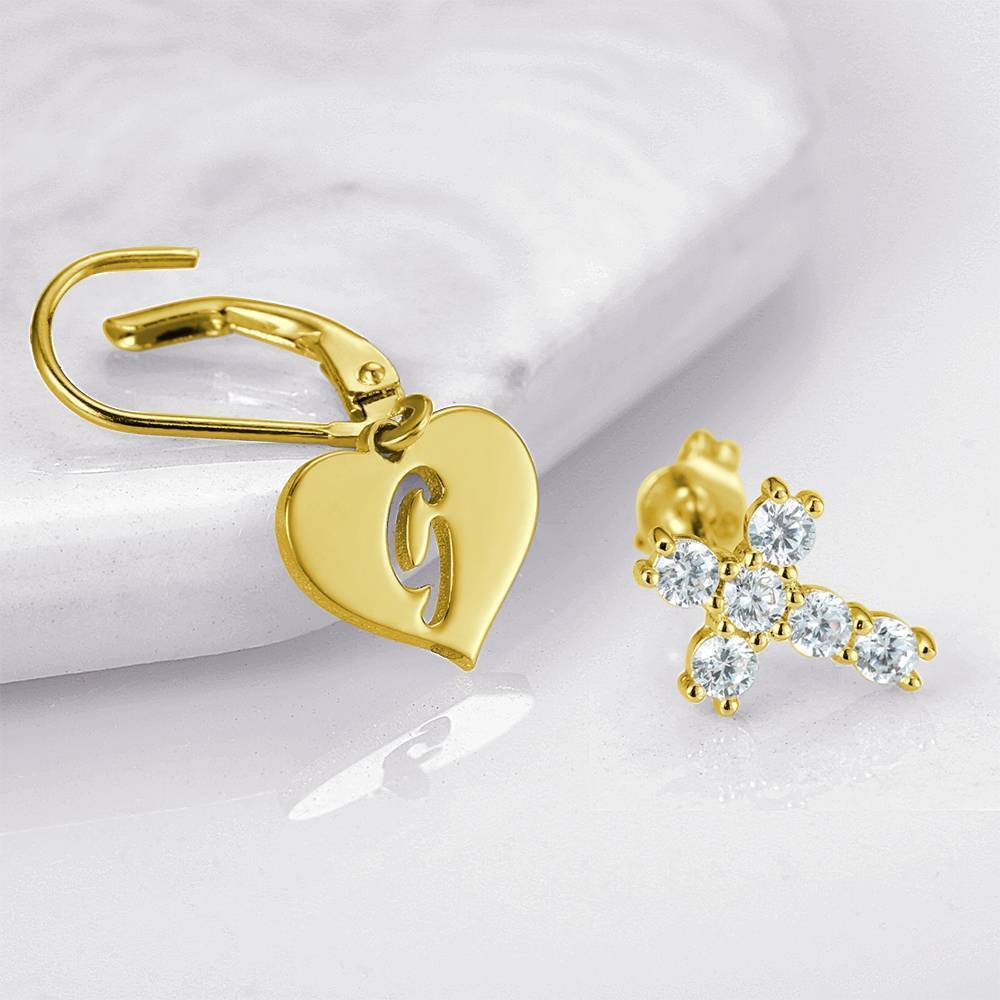 Initial Drop Earrings, Asymmetry Earrings Hollow Letter with Cross 14K Gold Plated - Golden - 