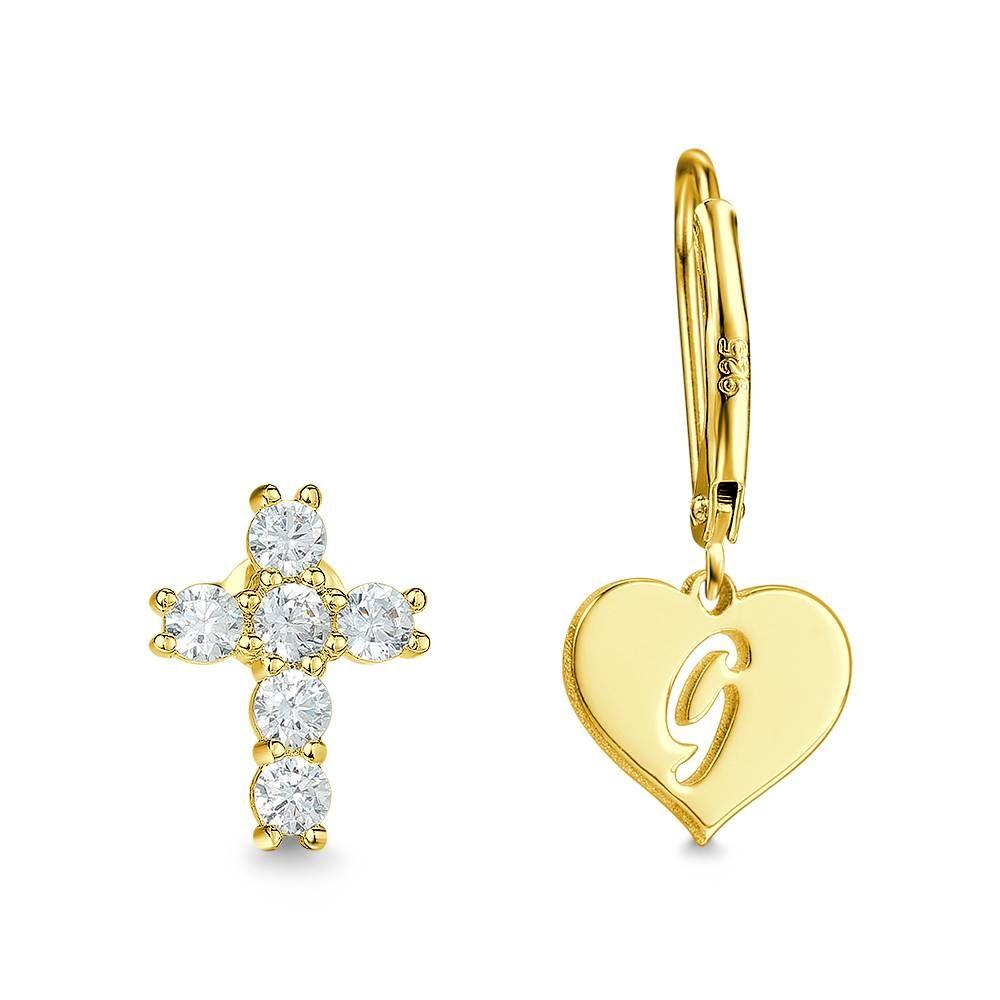 Initial Drop Earrings, Asymmetry Earrings Hollow Letter with Cross 14K Gold Plated - Golden - 