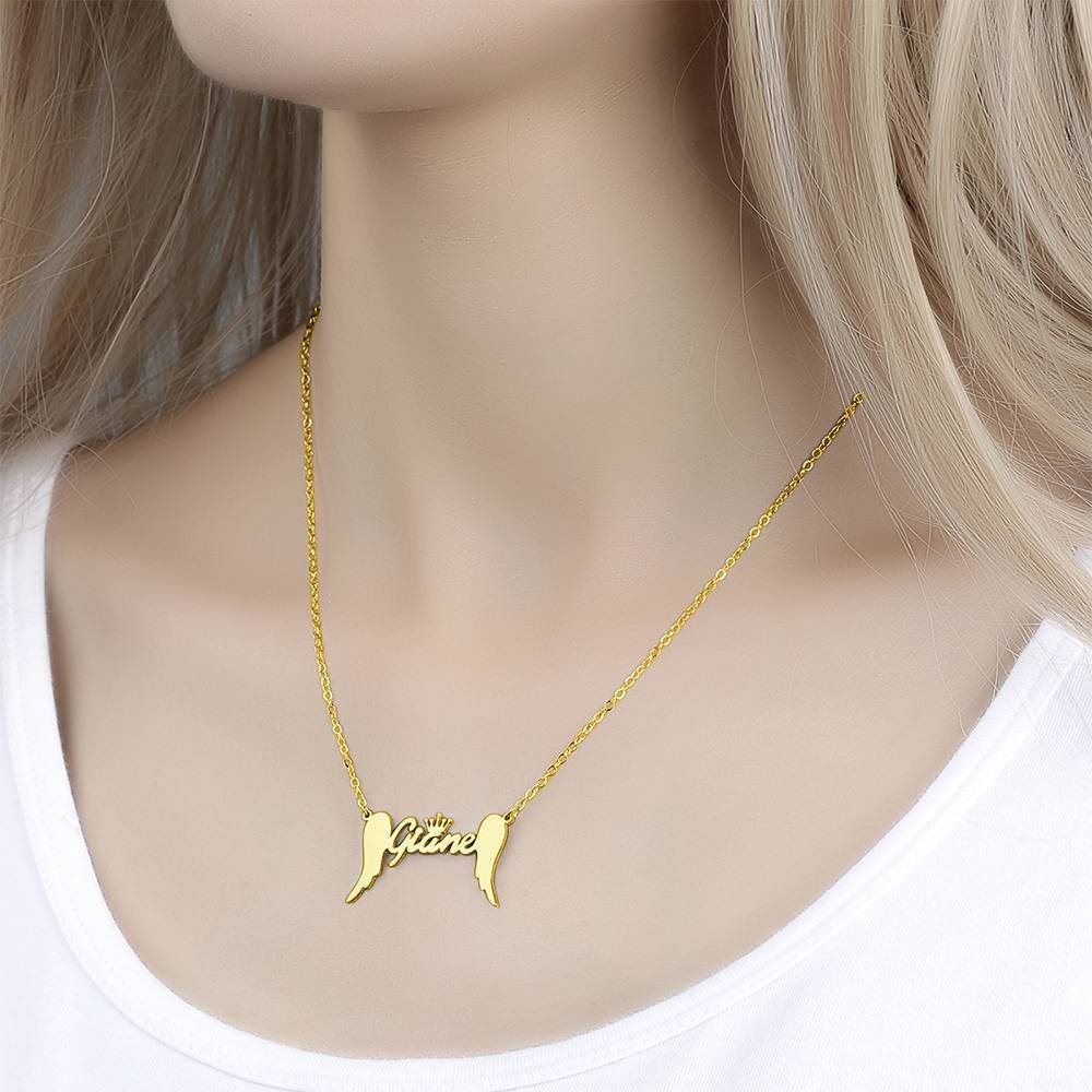 Name Necklace, Crown Name Necklace with Angel Wings 14k Gold Plated - Golden - 