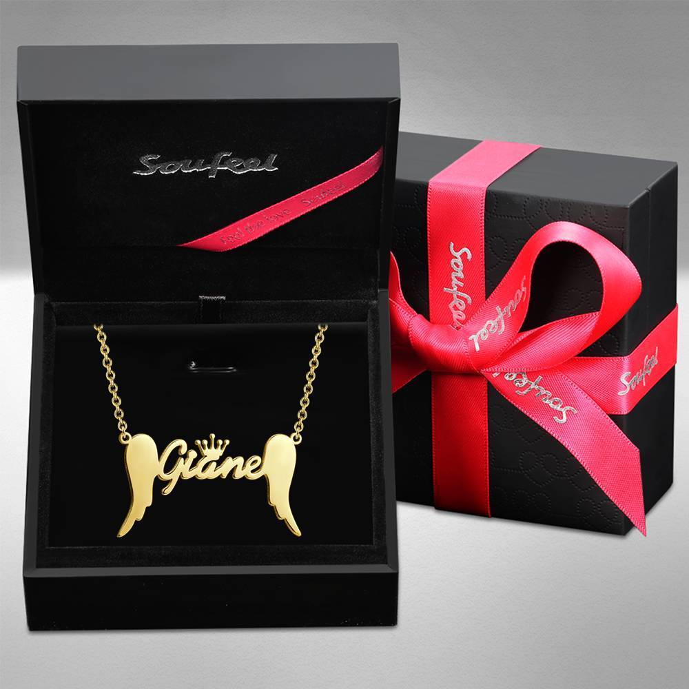 Name Necklace, Crown Name Necklace with Angel Wings 14k Gold Plated - Golden - 