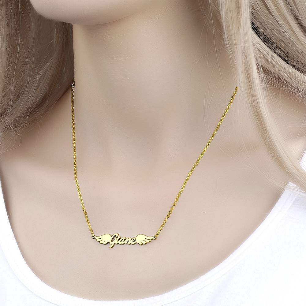 Name Necklace, Personalized Angel Wings Necklace 14k Gold Plated - Golden - 