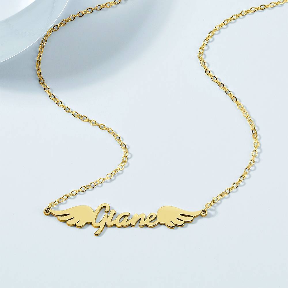 Name Necklace, Personalized Angel Wings Necklace 14k Gold Plated - Golden - 