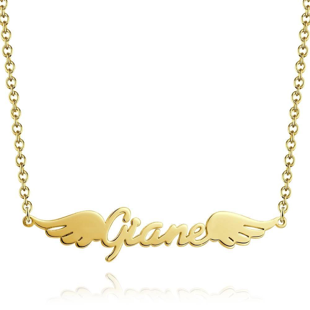 Name Necklace, Personalized Angel Wings Necklace 14k Gold Plated - Golden - 