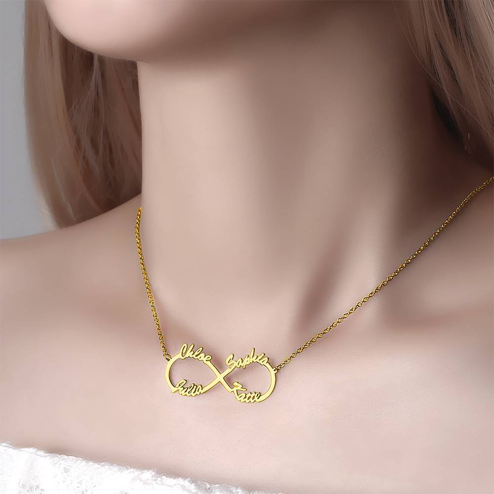 Name Necklace Infinity Four Names 14K Gold Plated, Perfect Gift - 
