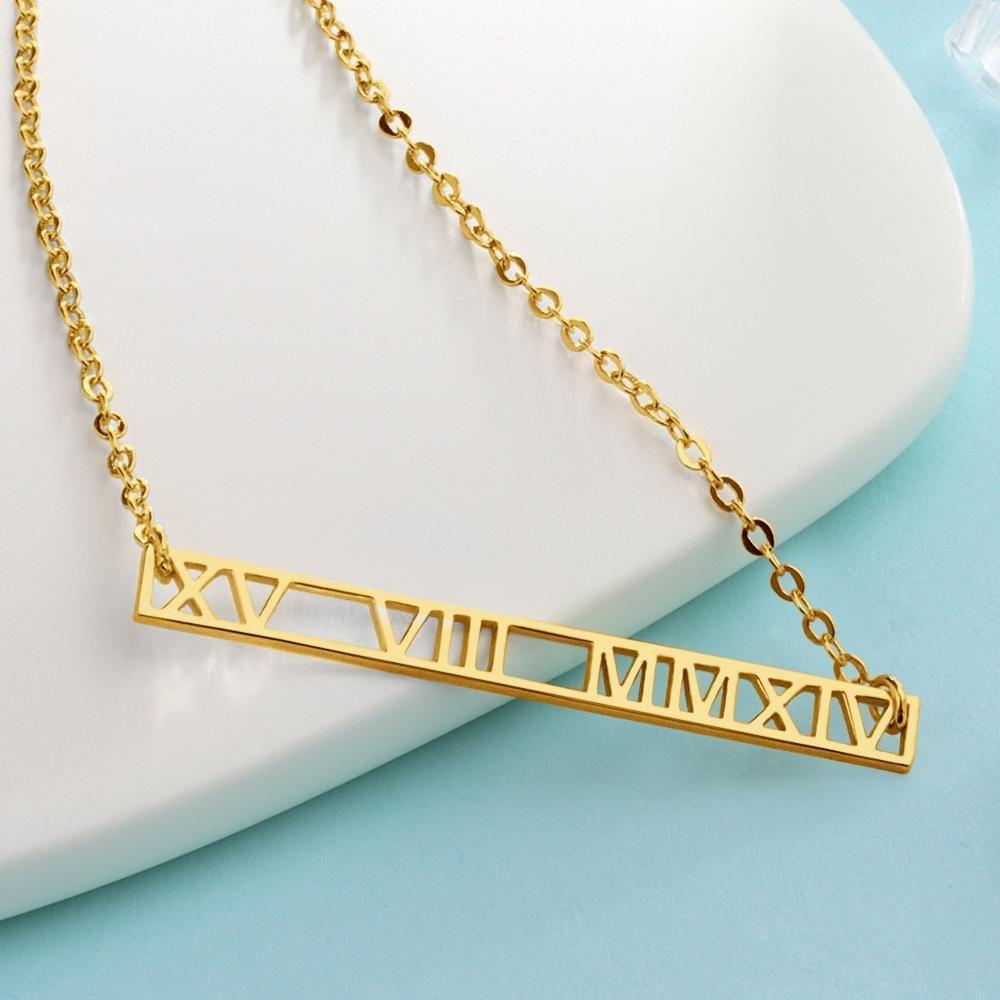 Roman Numeral Necklace Custom Date Bar Necklace Unique Gifts 14k Gold Plated - 