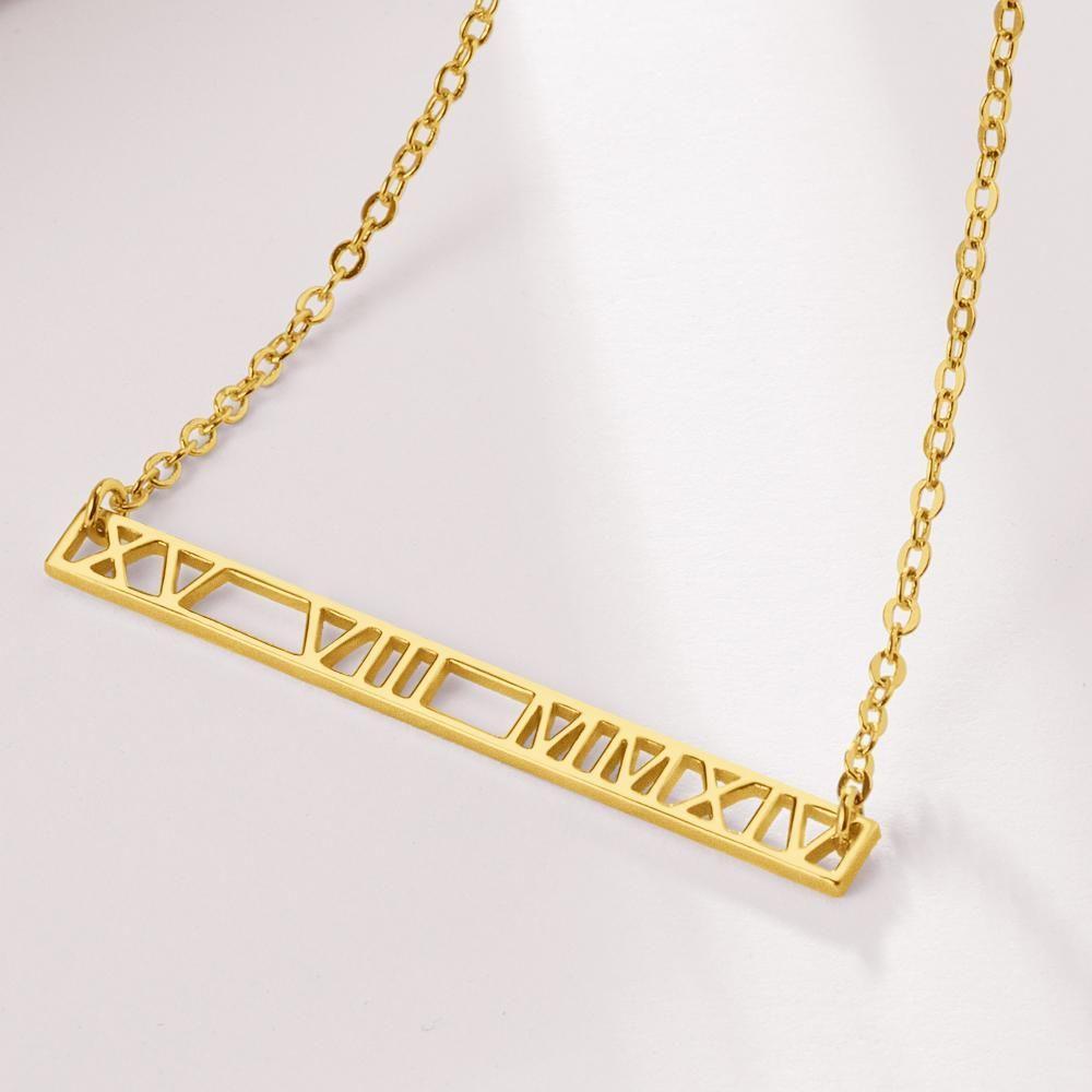 Roman Numeral Necklace Custom Date Bar Necklace Unique Gifts 14k Gold Plated - 